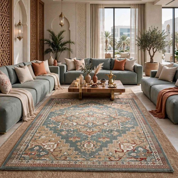 Aria Bohemian Turkish Carpet 9987A GREEN BEIGE 400x500 cm Jumbo Carpet