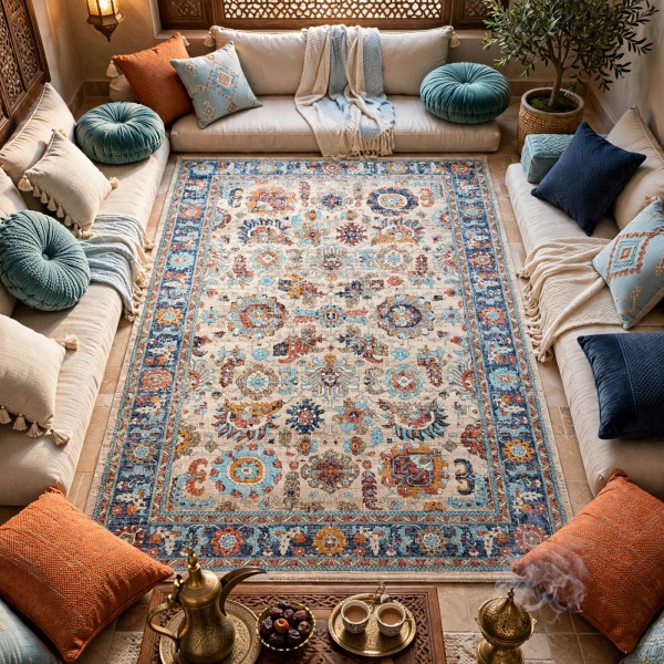 Turkish Bohemian RADA Rug KP78A CREAM Dark BLUE Size 150*220