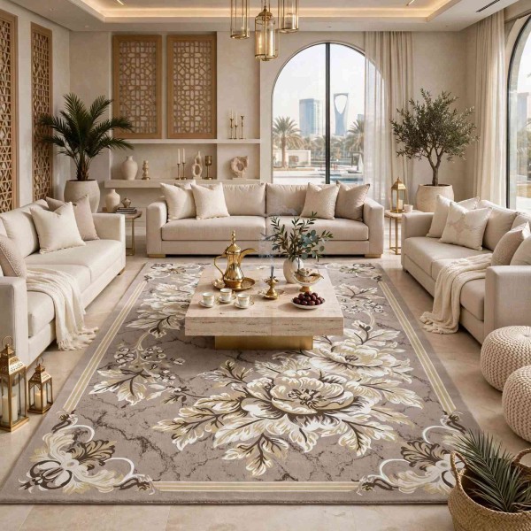 سجاد نقش كويتي تصميم كوري لورين تركي A406A بيج كريم - مقاس 400*600 سم سجادة المجلس الملكي