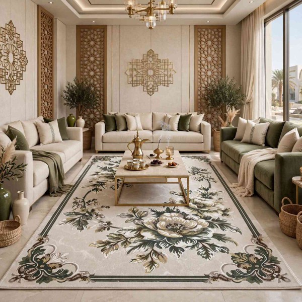 سجاد نقش كويتي تصميم كوري لورين تركي A406A كريم اخضر - مقاس 400*500 سم سجادة مجلس الشيوخ