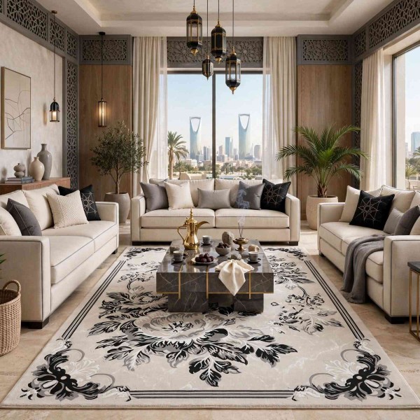 سجاد نقش كويتي تصميم كوري لورين تركي A406A رصاصي كريم - مقاس 50*80 سم دعاسة وطاية