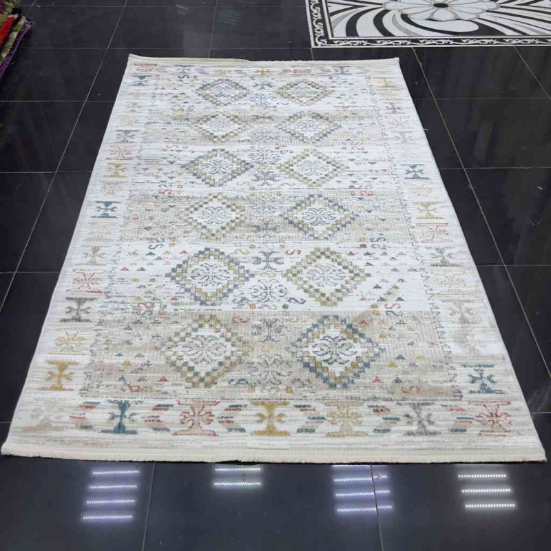 سجاد بوهيمي تركي فينتج B0024C لون ابيض بيج مقاس 150*230