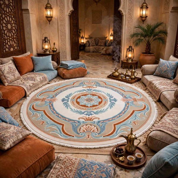 سجاد تركي هيلتون 43759A كريم اكوا دائري مقاس 150*150 سم