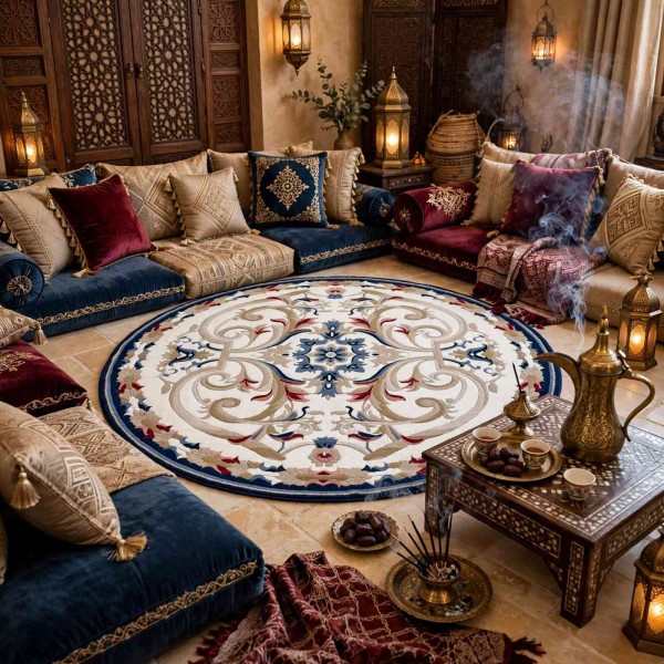 سجاد تركي مولر HN75B ابيض كحلي دائري مقاس 200*200 سم
