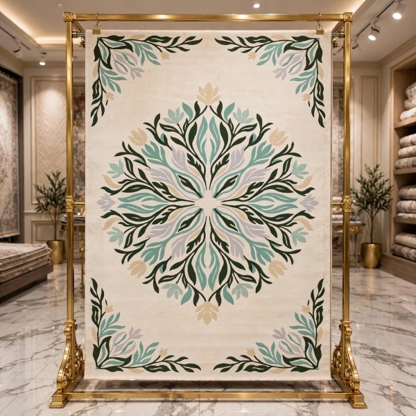 سجاد يدوي الهبه تصميم كوري HR19A كريم اخضر غامق مقاس 400*500