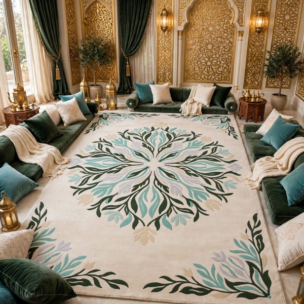 سجاد يدوي الهبه تصميم كوري HR19A كريم اخضر غامق مقاس 400*500