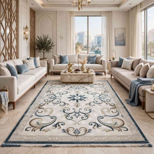 monaco Turkish Rug P1808 IVORYDark sky blue Size 100*200
