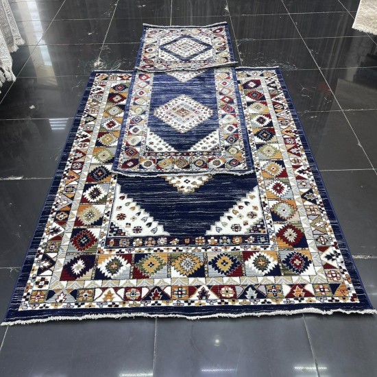 طقم بوهيمي سجاد تركي A1588A كحلي مقاس 150*220+80*200+80*100