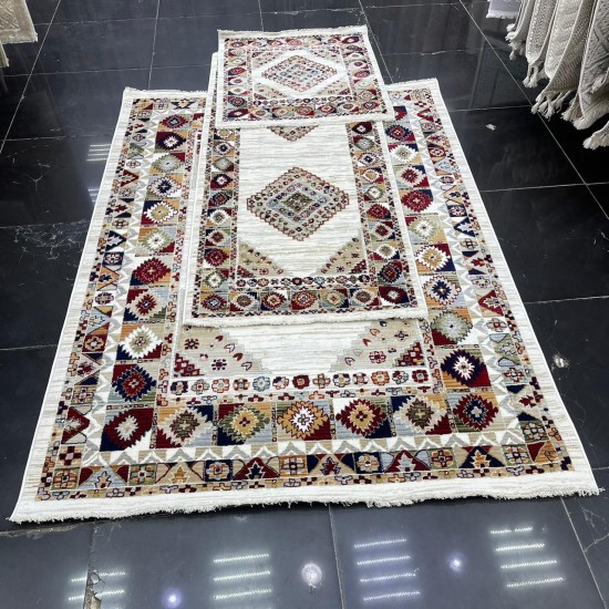 طقم بوهيمي سجاد تركي A1588A بيج كريم مقاس  150*220+80*200+80*100